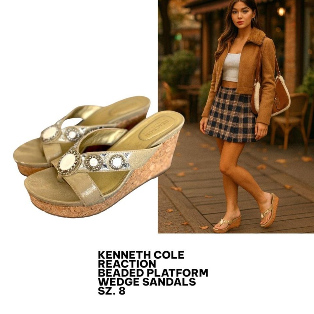 KENNETH COLE REACTION BEADED GOLD WEDGE SANDALS SZ. 8‎ EUC